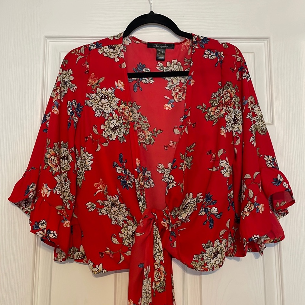 Floral Red Tie-Front Blouse